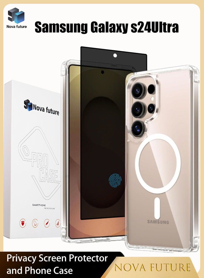 مستقبل نوفا طقم حماية سامسونج S24 فائق الحماية (1+1)، يتضمن غطاء هاتف [متوافق مع MagnaSafe] [مقاوم للسقوط] + واقي شاشة للخصوصية [حماية للخصوصية بزاوية 28 درجة] [صلابة 9H] [يدعم فتح بصمة الإصبع] - Image 1